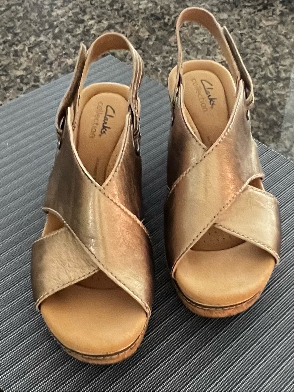 Clarks Women's Metallic Gold Crisscross Slingback Wedge Sandals